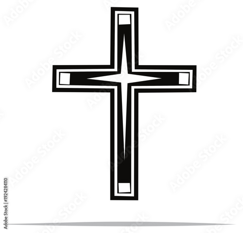 Stylized Christian Cross Symbol with Geometric Star Detail and Black Outline