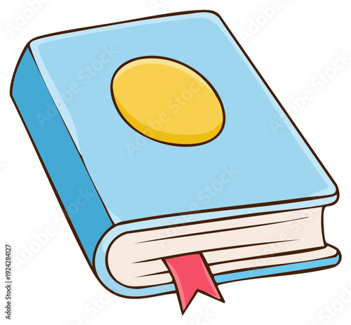 Light blue hardcover book with red bookmark and yellow label for notes or inscription.