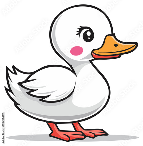 Adorable cartoon white duckling with orange beak and pink cheeks cute and playful