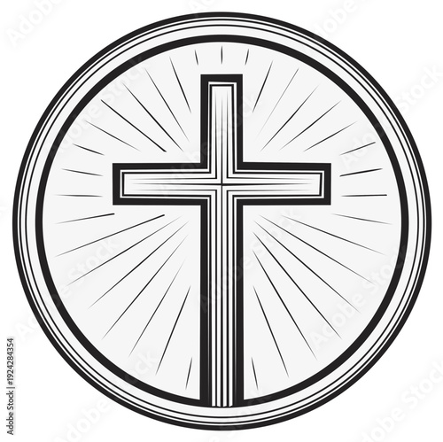 Christian Cross Symbol with Rays in Circle. Religious Emblem, Jesus Christ Faith, Easter