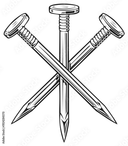 Crossed metal nails in a graphic style