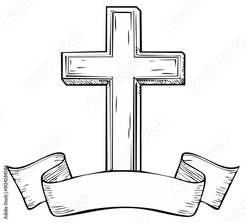 Christian cross symbol with a blank banner for text and hand-drawn sketch style