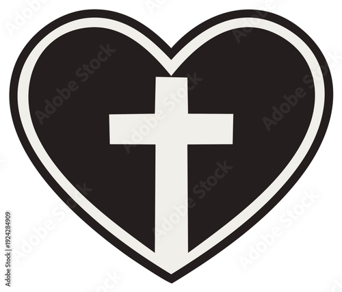 Christian Cross Centered Inside a Black Heart Symbol with White Outline