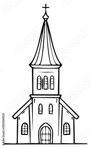 Simple Line Drawing of a Church Steeple with Cross and Windows