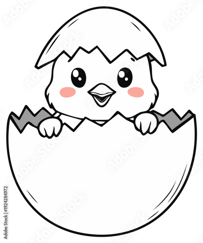 Adorable little chick hatching from a cracked egg with rosy cheeks and open beak