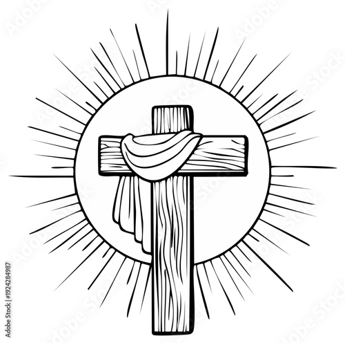 Religious symbol of a wooden cross with draped cloth and light rays