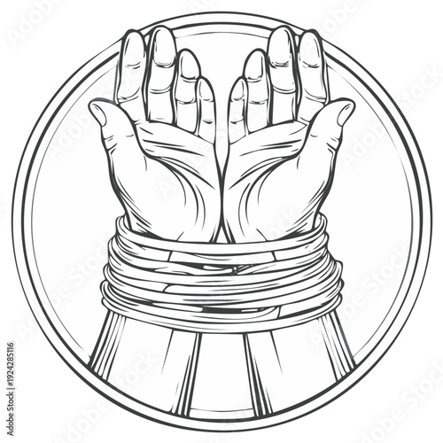 Illustration of tied hands in a circular frame representing confinement and struggle