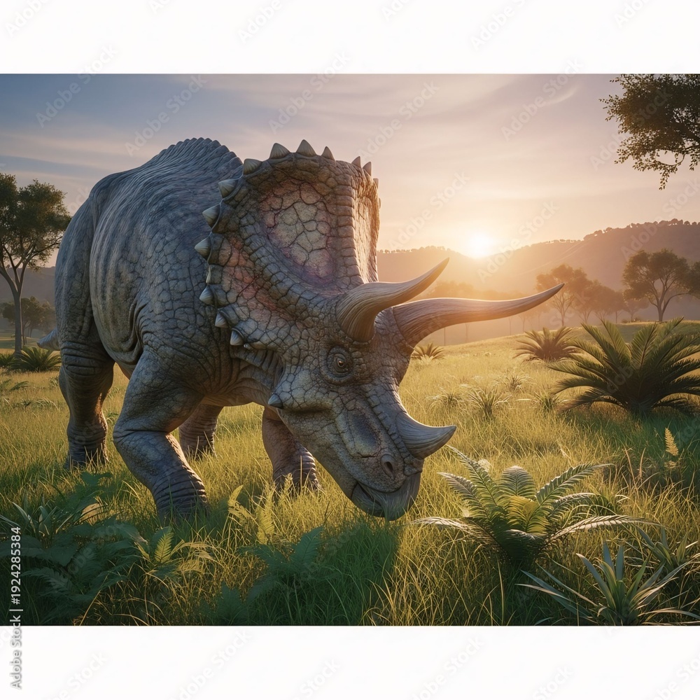 Fototapeta premium Triceratops Grazing in Prehistoric Grassland