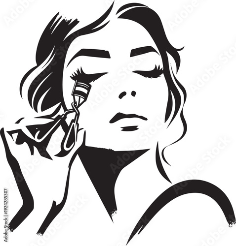 Elegant monochrome portrait of a woman enhancing her eyelashes b