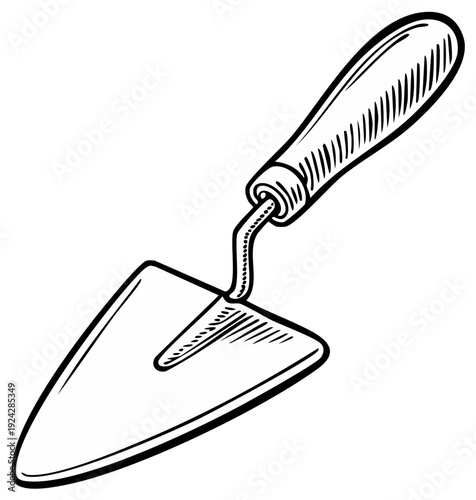 Detailed black and white illustration of a garden trowel