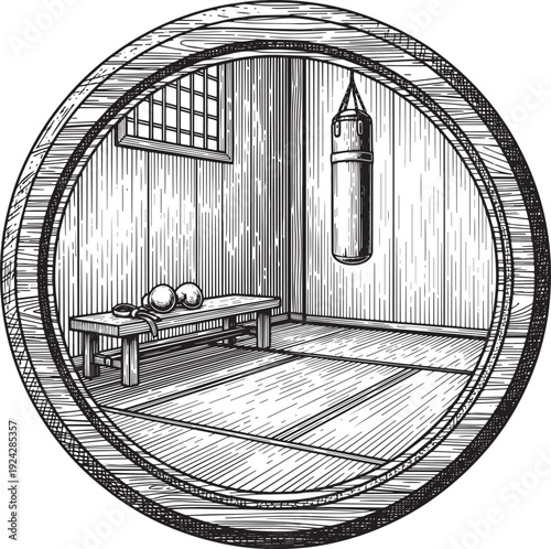 Etched illustration of a vintage boxing gym interior with punchi