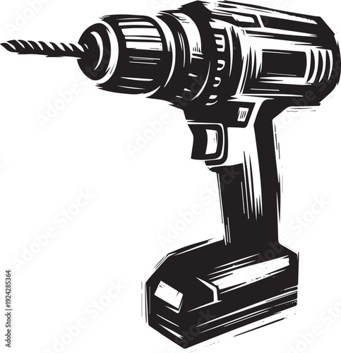 Artistic monochrome illustration of a cordless electric drill to