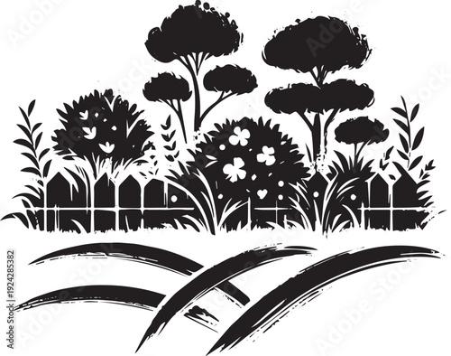 Serene Garden Silhouette: Sumi-e Style Landscape with Rustic Cha
