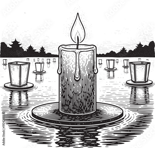 Monochrome illustration of candle floating on water with asian l
