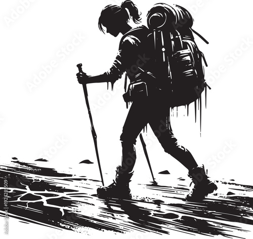 Monochromatic wanderer: Woman's silhouette treks with backpack o