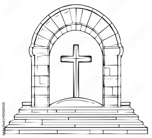 Stone Archway Entrance with Christian Cross Symbol on Steps