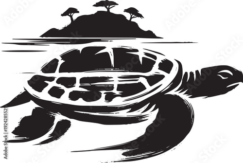 Ink wash painting of a turtle swimming with island, monochrome s
