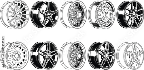 Set of realistic car alloy wheels and rims vector icons featuring various spoke designs, chrome finishes, and automotive tire parts for vehicle custom,