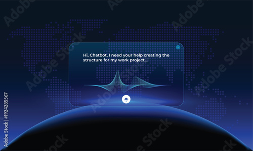 Glassmorphism Chatbot conversation, futuristic user interface, artificial intelligence, glass morphing, sound waves, and a talking icon. Modern and elegant design, AI navigation, and smart commands. 