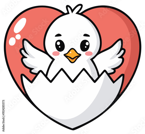 Adorable fluffy chick hatching from a cracked egg with wings spread wide inside a pink heart shape