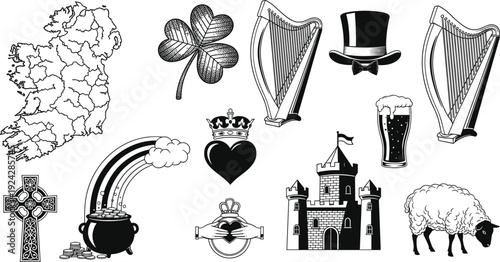 Set of St. Patrick’s Day Irish vector icons featuring Ireland map, shamrock, Celtic cross, leprechaun hat, pot of gold, rainbow, harp, and sheep.