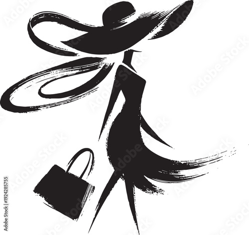 Elegant woman with floppy hat and bag in brushstroke vector styl