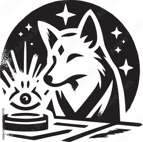 Mystical canine visionary with all-seeing eye emblem in monochro