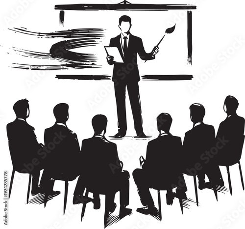 Ink wash illustration: Businessman giving a presentation to an a