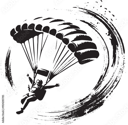 Skydiving adventure in abstract ink wash style, extreme sport lo