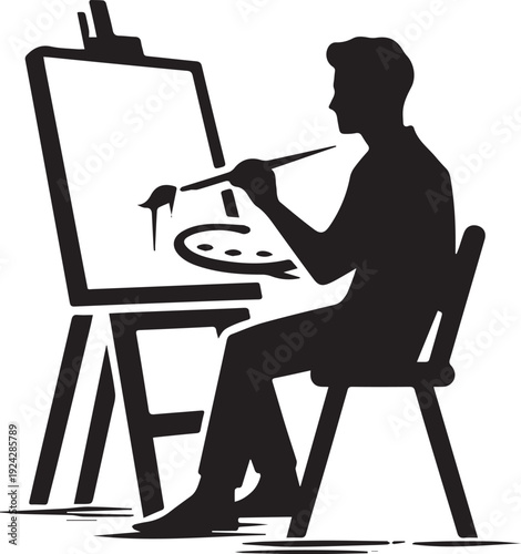 Black silhouette depicting an artist at work on a canvas with ea
