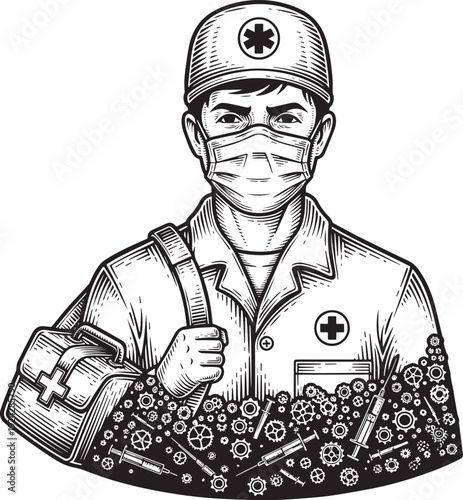 Woodcut illustration of medical professional with mask and medic