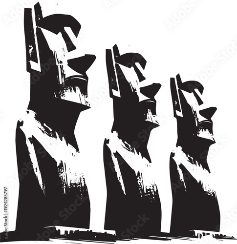 Stylized ink drawing of iconic moai statues from Easter Island l