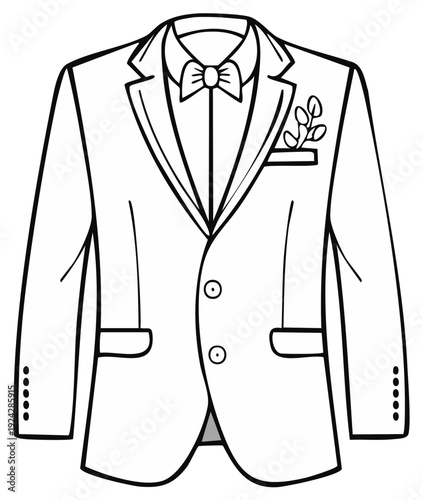 Elegant Tuxedo Jacket with Bow Tie and Boutonniere Black and White Drawing