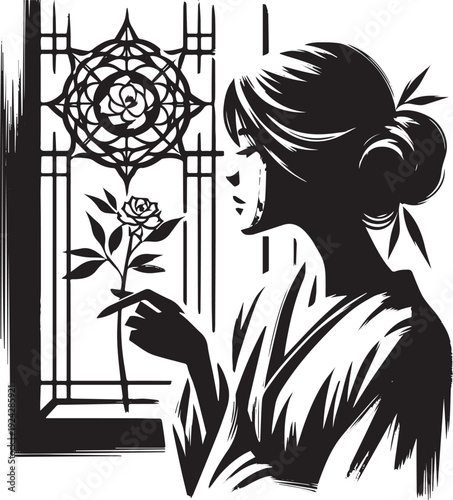Monochrome serenity a woman by stained glass holding a rose in s
