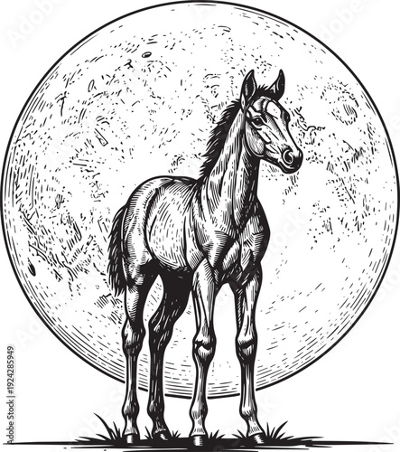 Engraved illustration of a young horse in front of a detailed fu