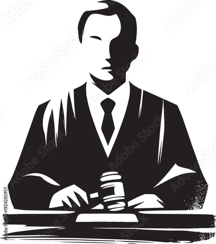 Striking monochrome vector art of a judge with gavel, symbolizin