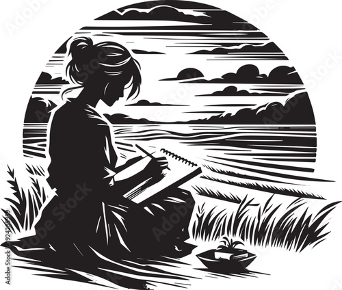 Woman sketching landscapes in field, minimalist black and white