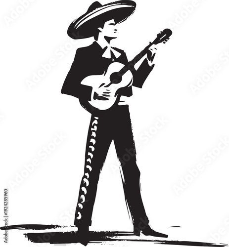 Elegant monochrome illustration of a mariachi musician with a gu