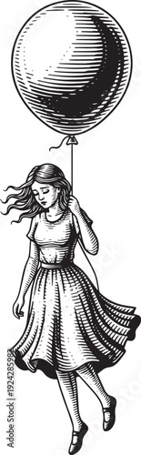 Engraved depiction of floating girl with balloon, dreams and nos