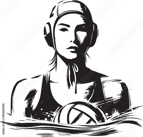 Elegant sumi-e style illustration of a poised female water polo
