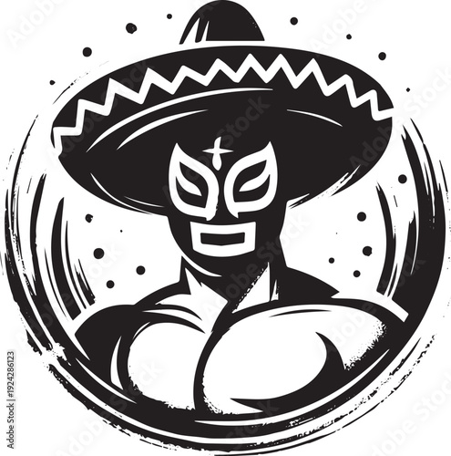 Bold Luchador Icon: A Minimalist Sumi-e Rendition of a Mexican W