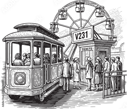 Engraved Scene of Cable Car, Ticket Booth, and Ferris Wheel at A