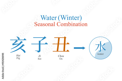 Water, seasonal combination, feng shui, ba zi, vector illustration, winter, four pillars of destiny, chinese zodiac, tcm, horoscope
