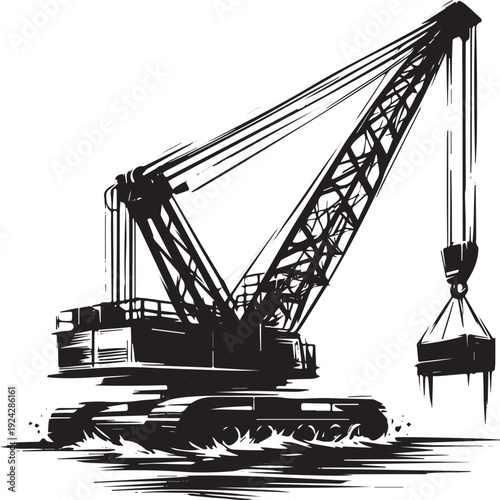Monochrome sketch of a heavy lift crawler crane in industrial se