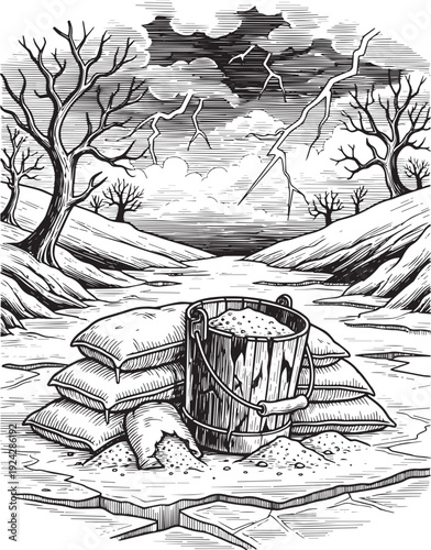Woodcut Depiction of Flood Protection with Sandbags During Storm
