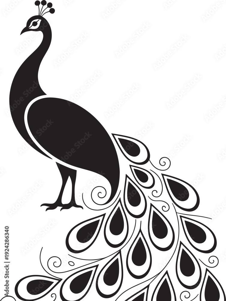 Fototapeta premium Elegant black peacock silhouette with ornate tail feathers vector illustration