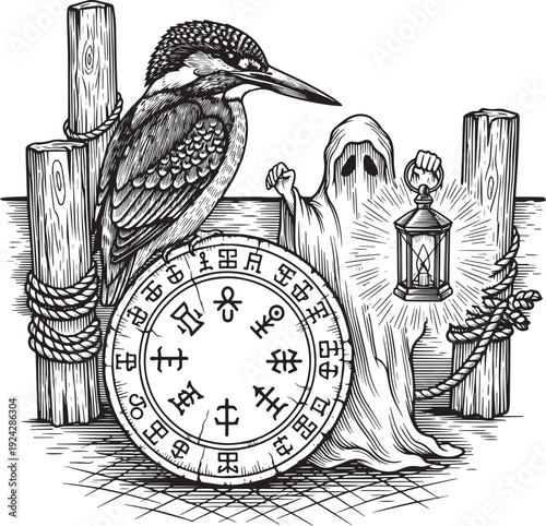 Engraved Illustration: Kingfisher, Ghostly Figure, Clock and Mys