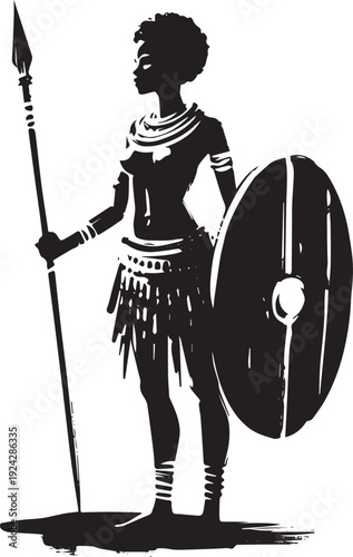 Silhouette of a poised Zulu female warrior with spear and shield