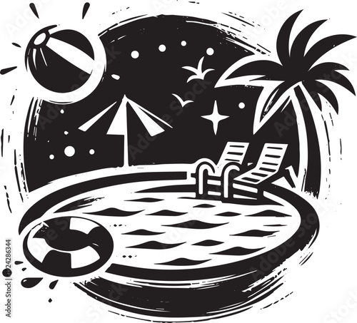 Monochrome pool scene illustration capturing leisure and summer