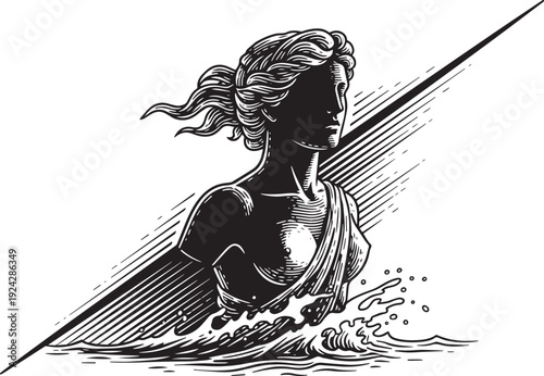 Engraved Illustration of a classical female figure merging from